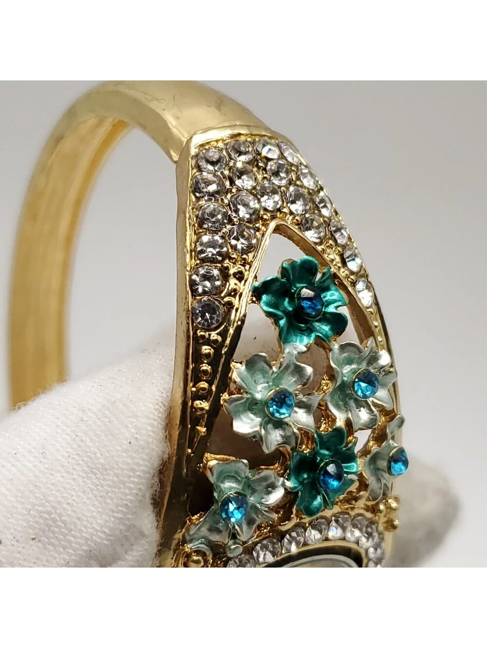 Crystal Floral Watch Women 25mm Gold Tone Green Blue Gold Tone Bangle New Batter